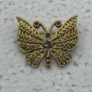 Vintage butterfly brooch, signed Ali, gold filigree wings with rhinestones